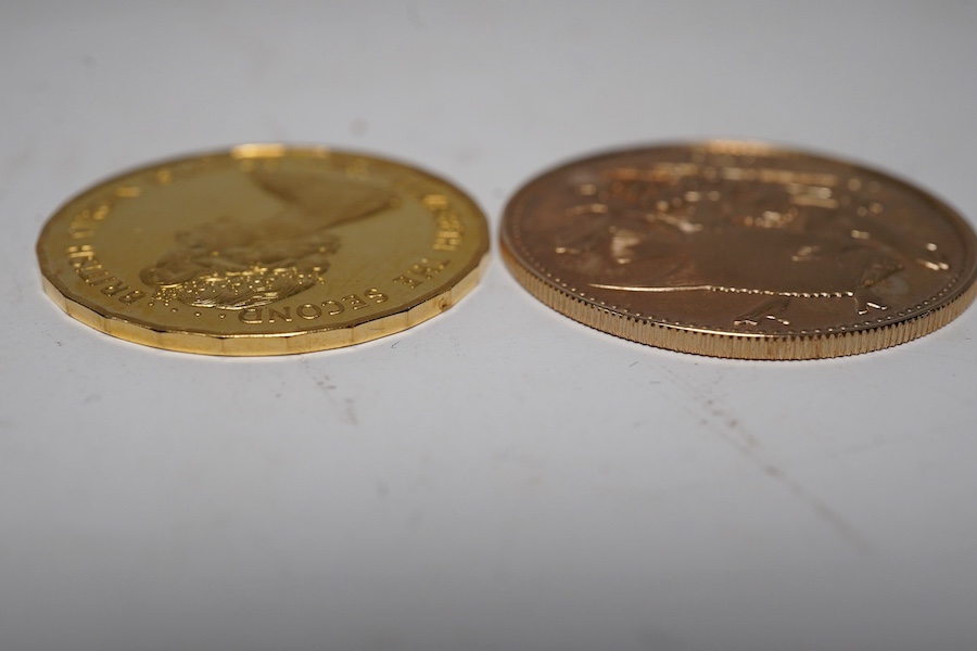 Gold coins, Belize proof gold $100, Angel dish 1979, (.500) UNC and British Virgin Islands proof gold $100, 25th Anniversary of the accession of QEII, 1977, (.900) UNC